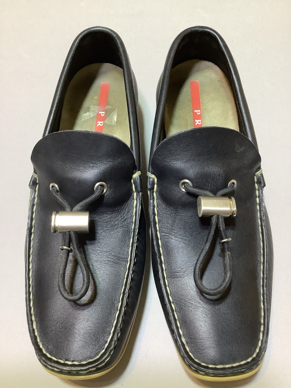 Prada Sport Deep Navy Blue Leather Driver Loafers Toggle Lace Italy Size 5.5